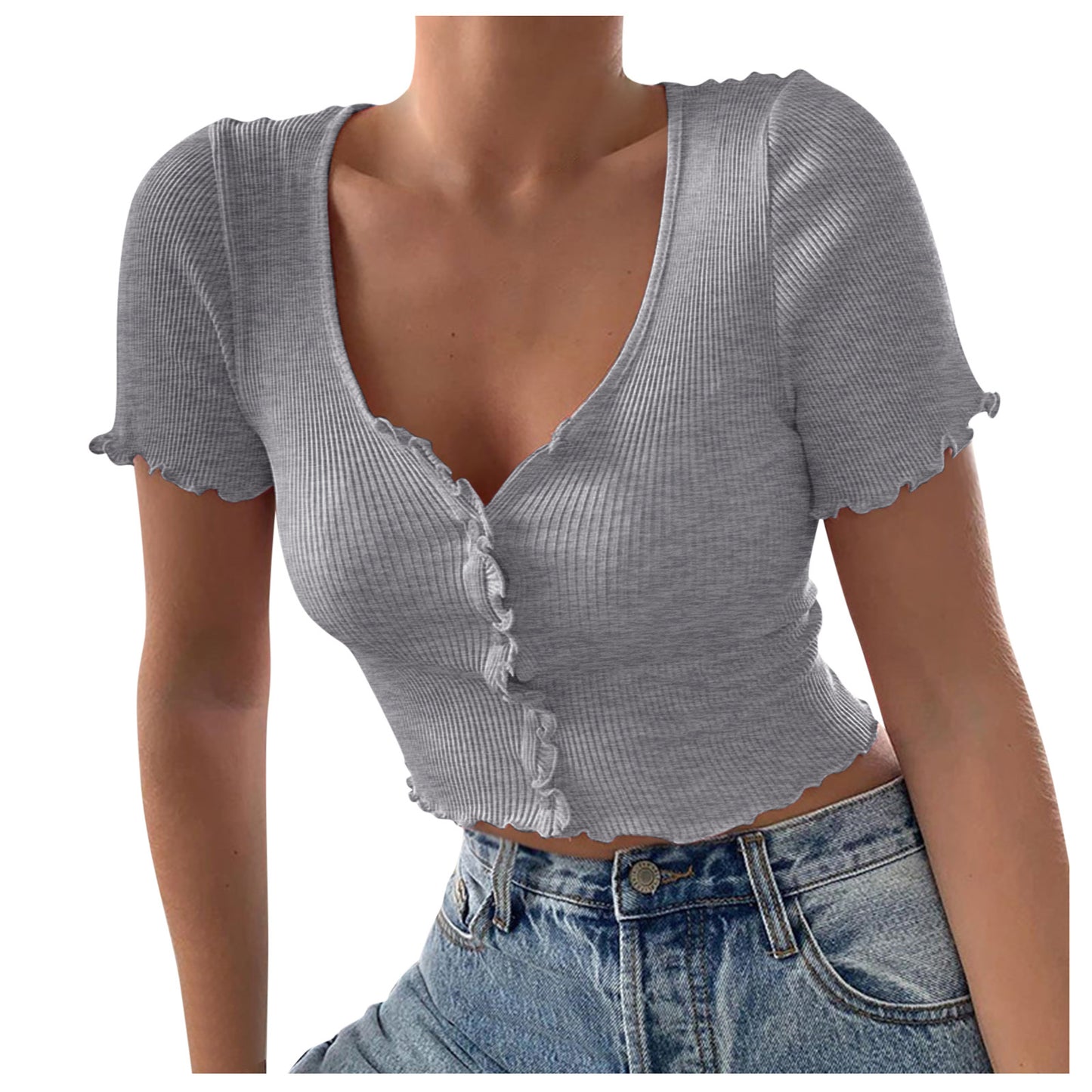 V Neck Ruffles Short Sleeve T Shirt