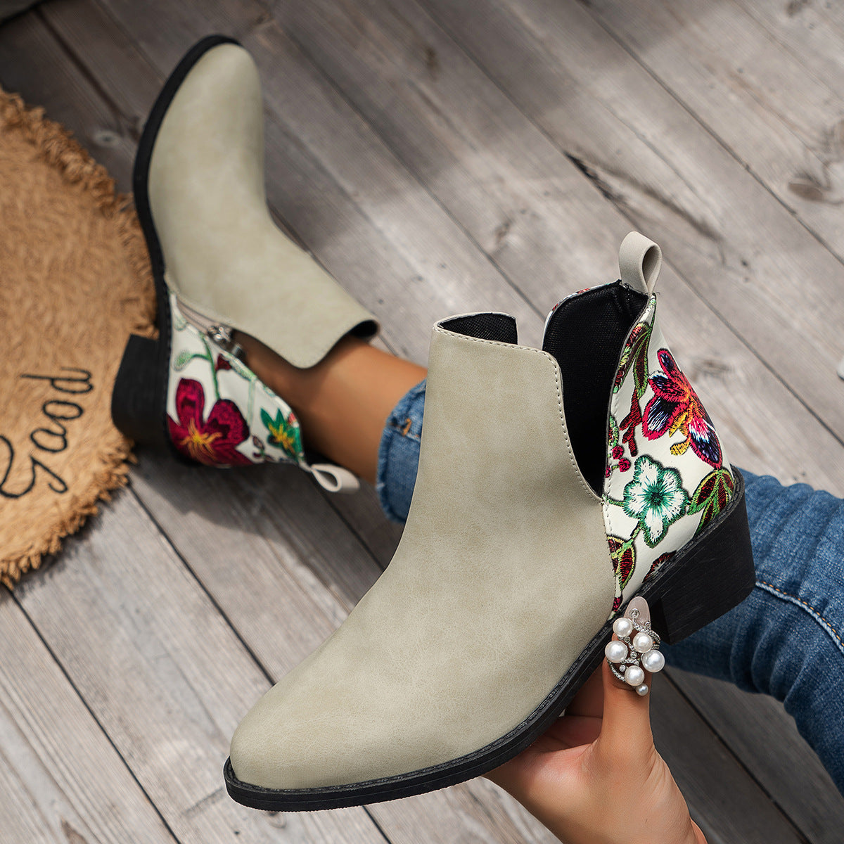 Flowers Printed Ankle Boots