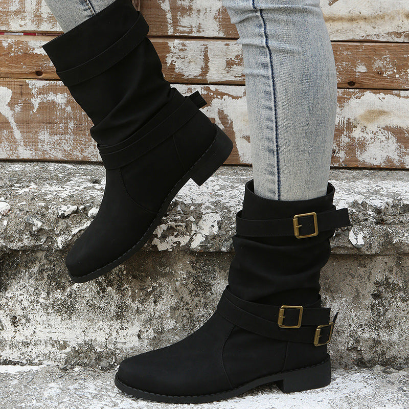 Low Heel  Vintage Adjustable Buckle Boots