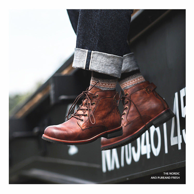 Retro Boots Men Lace-up Leather Ankle Boots Low Heel Motorcycle Shoes