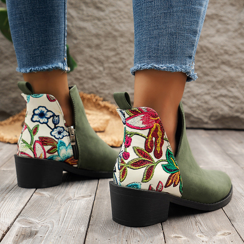 Flowers Printed Ankle Boots