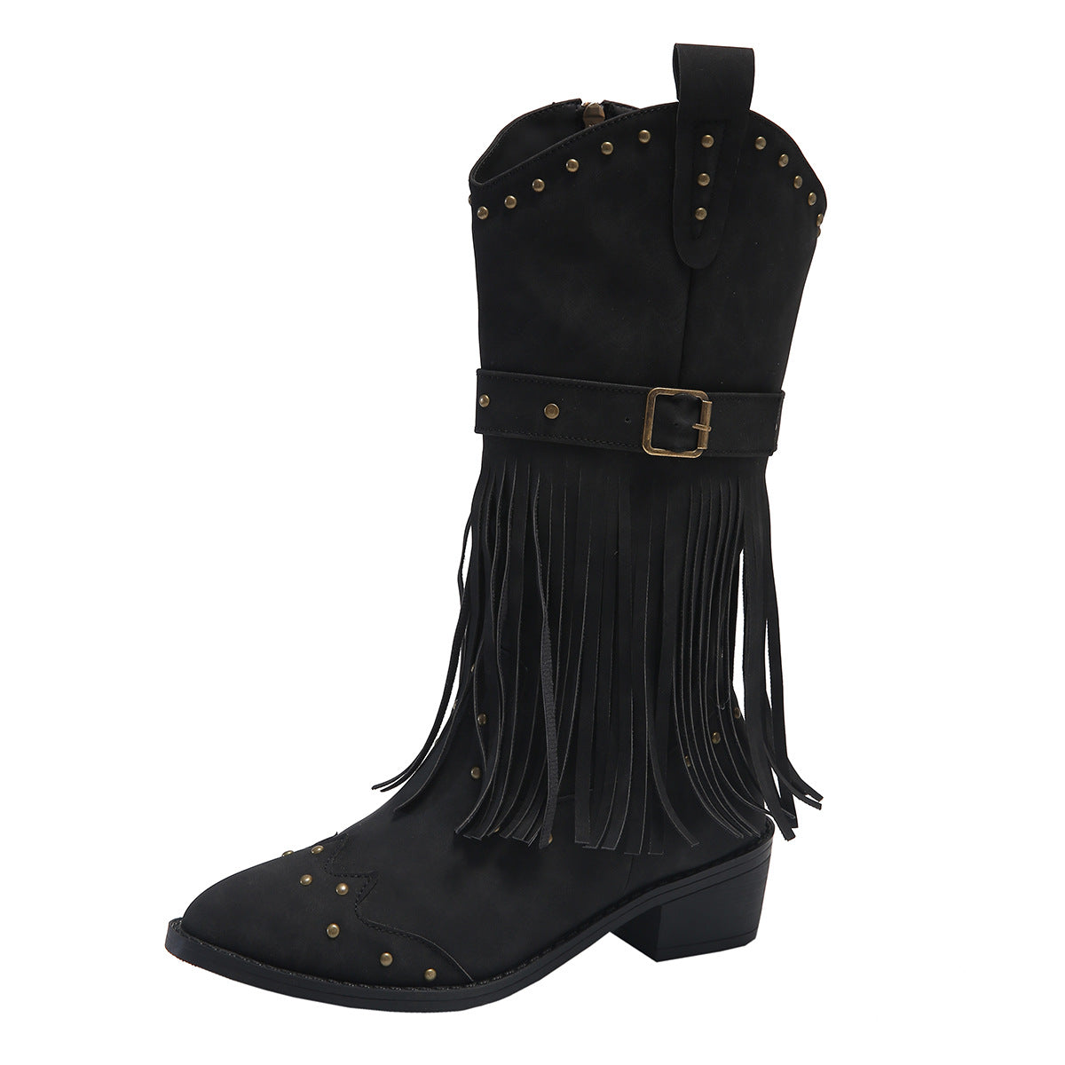 Retro Tassel Boots With Rivet Strap