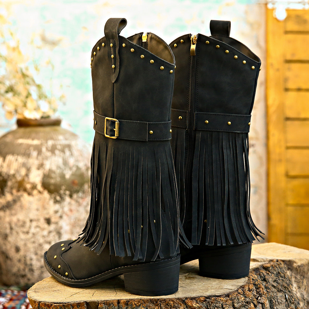 Retro Tassel Boots With Rivet Strap