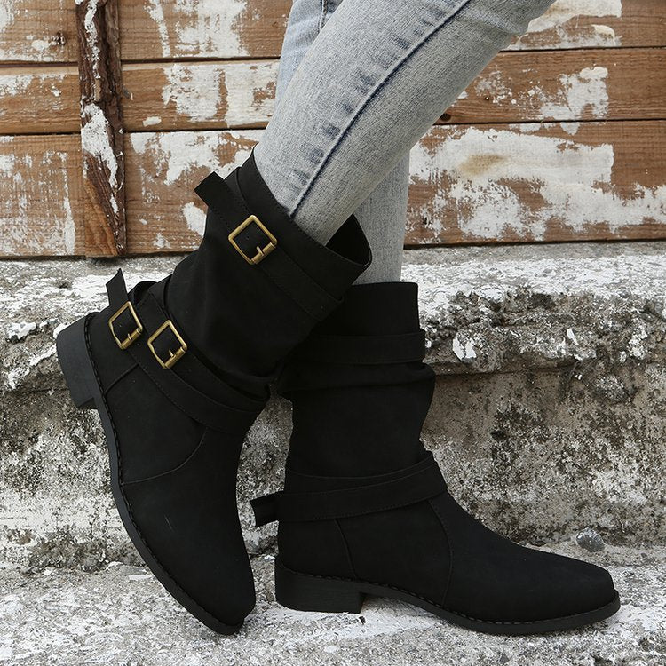 Low Heel  Vintage Adjustable Buckle Boots