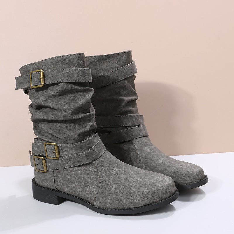 Low Heel  Vintage Adjustable Buckle Boots