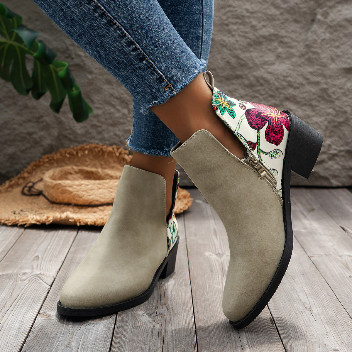 Flowers Printed Ankle Boots