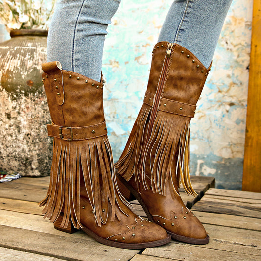 Retro Tassel Boots With Rivet Strap