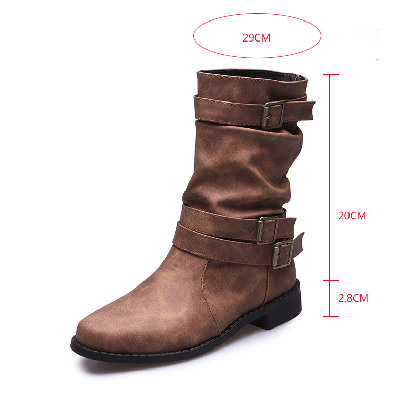 Low Heel  Vintage Adjustable Buckle Boots