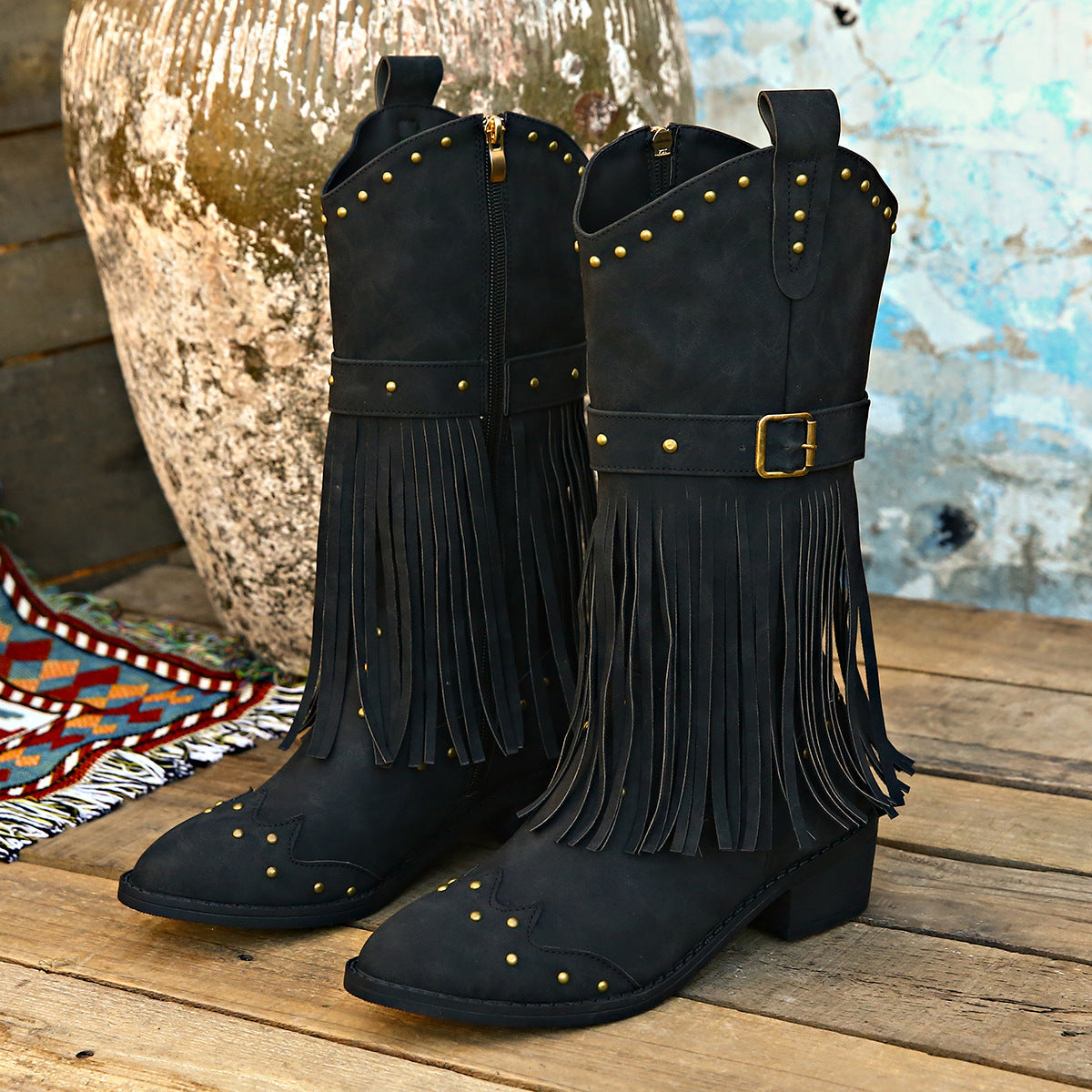 Retro Tassel Boots With Rivet Strap