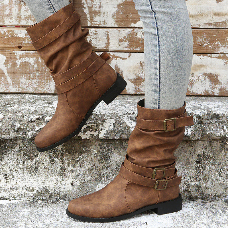 Low Heel  Vintage Adjustable Buckle Boots