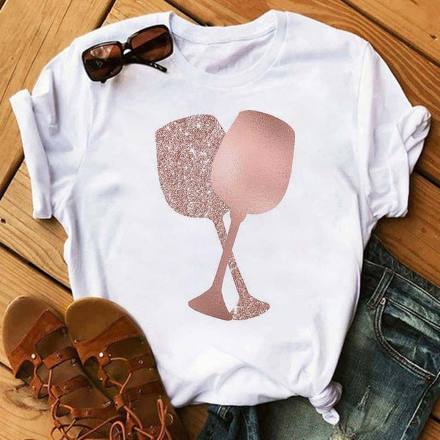 T-shirt Kawaii Rose Gold Wine Glass