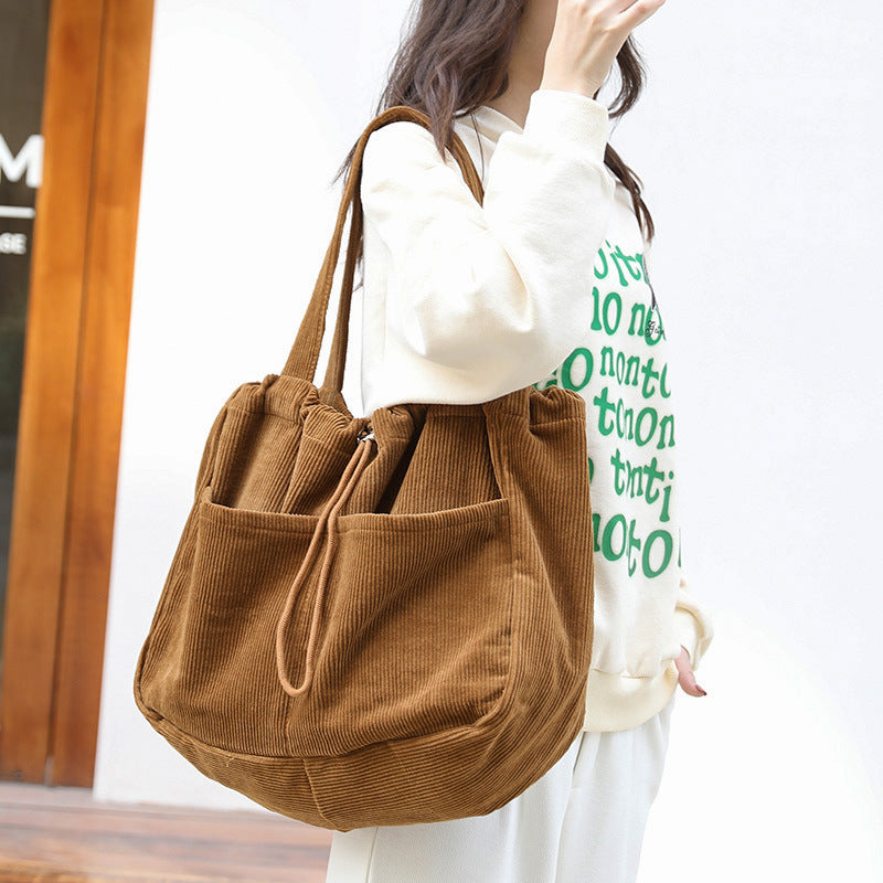 Corduroy Shoulder Bags Drawstring Multi-pocket Handbag