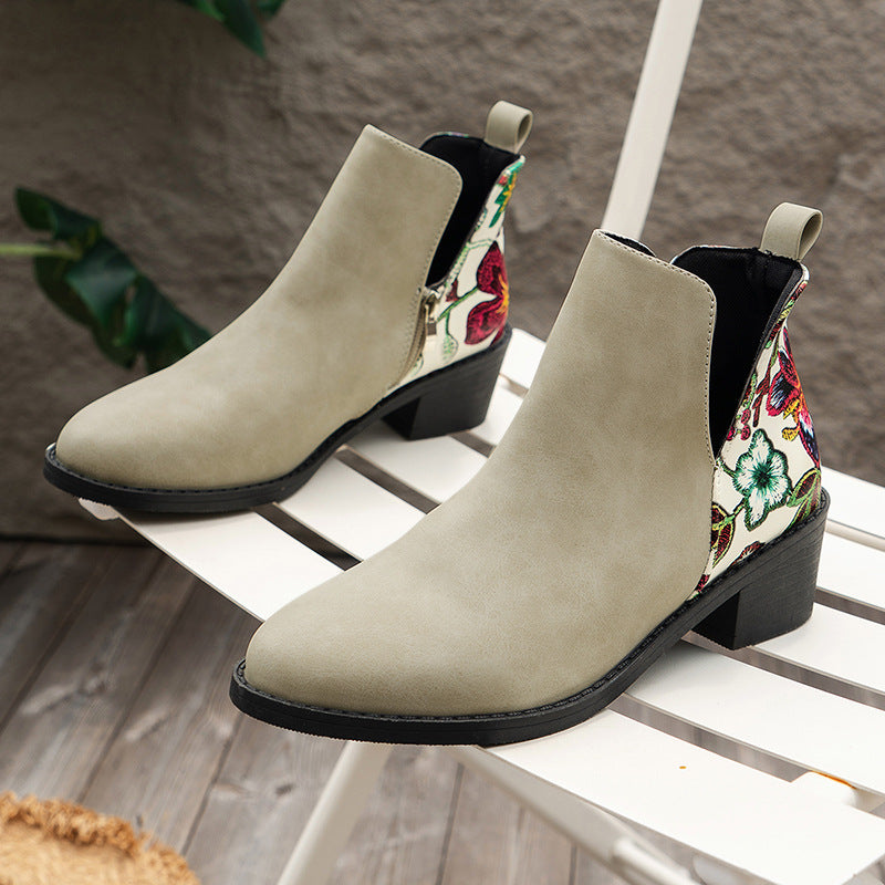 Flowers Printed Ankle Boots