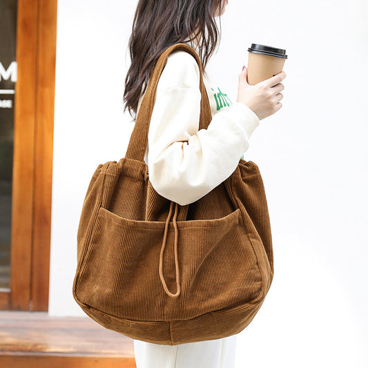 Corduroy Shoulder Bags Drawstring Multi-pocket Handbag