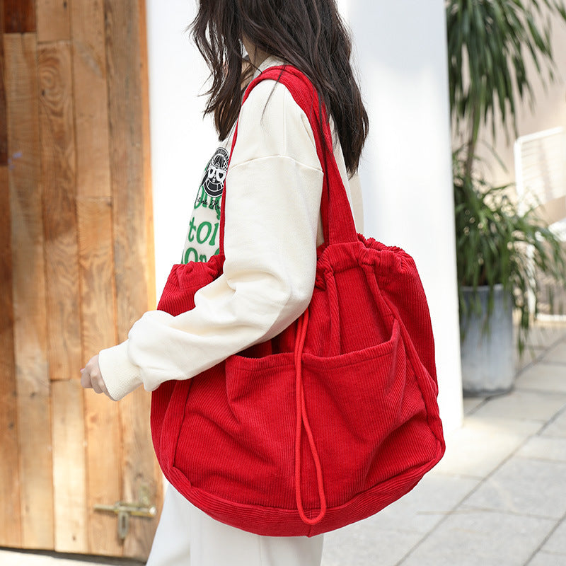 Corduroy Shoulder Bags Drawstring Multi-pocket Handbag