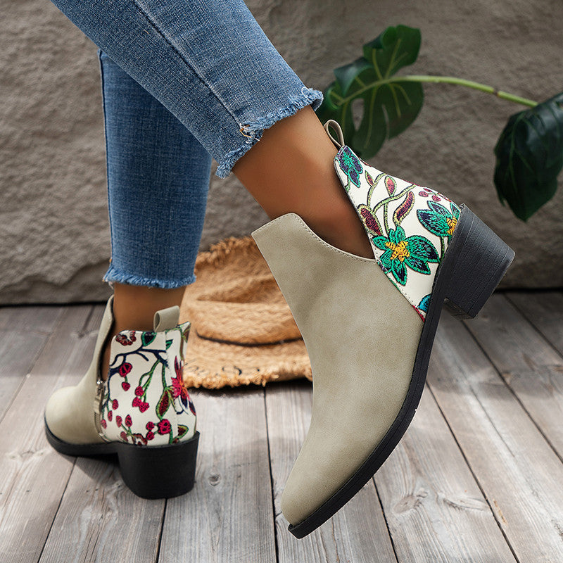 Flowers Printed Ankle Boots