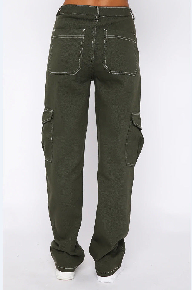 Women's Fashion Stitching Straight Multi-pocket Cargo Pants