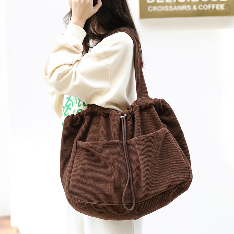 Corduroy Shoulder Bags Drawstring Multi-pocket Handbag